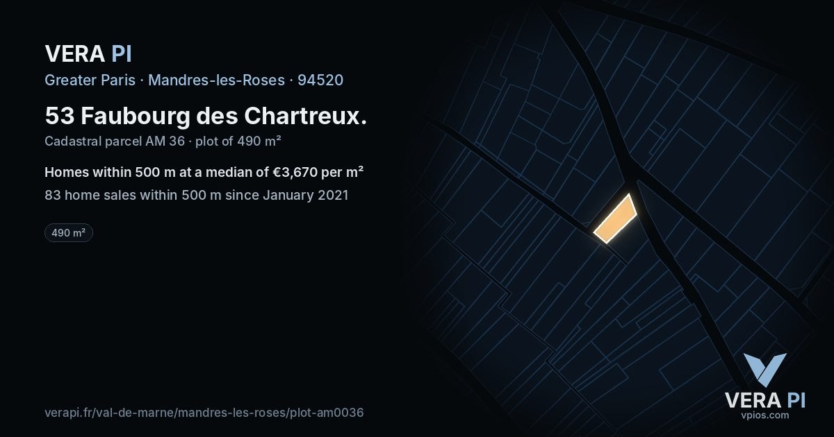 53 Faubourg des Chartreux, Mandres-les-Roses at night – the plot lit, the parcels around coloured by the prices near them
