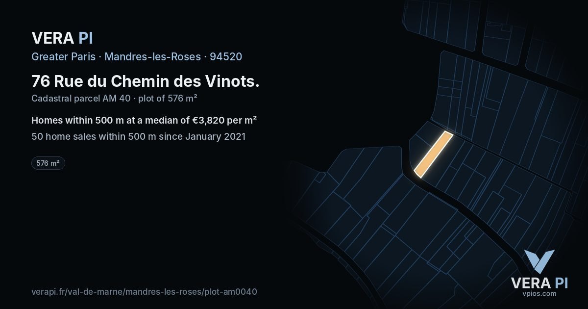 76 Rue du Chemin des Vinots, Mandres-les-Roses at night – the plot lit, the parcels around coloured by the prices near them