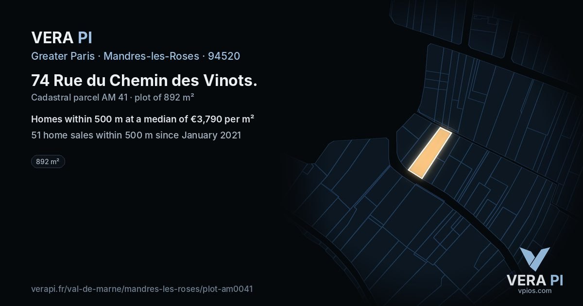 74 Rue du Chemin des Vinots, Mandres-les-Roses at night – the plot lit, the parcels around coloured by the prices near them