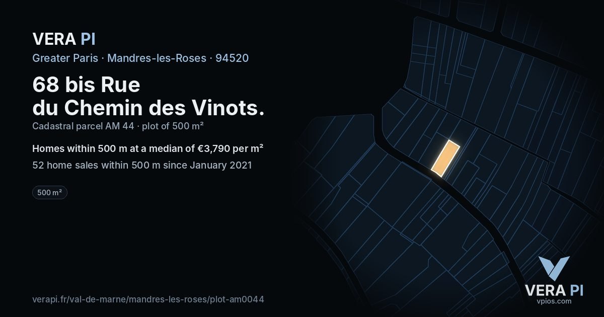 68 bis Rue du Chemin des Vinots, Mandres-les-Roses at night – the plot lit, the parcels around coloured by the prices near them