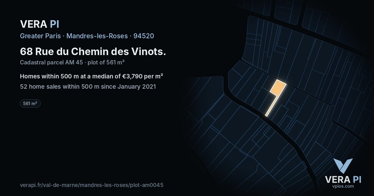 68 Rue du Chemin des Vinots, Mandres-les-Roses at night – the plot lit, the parcels around coloured by the prices near them
