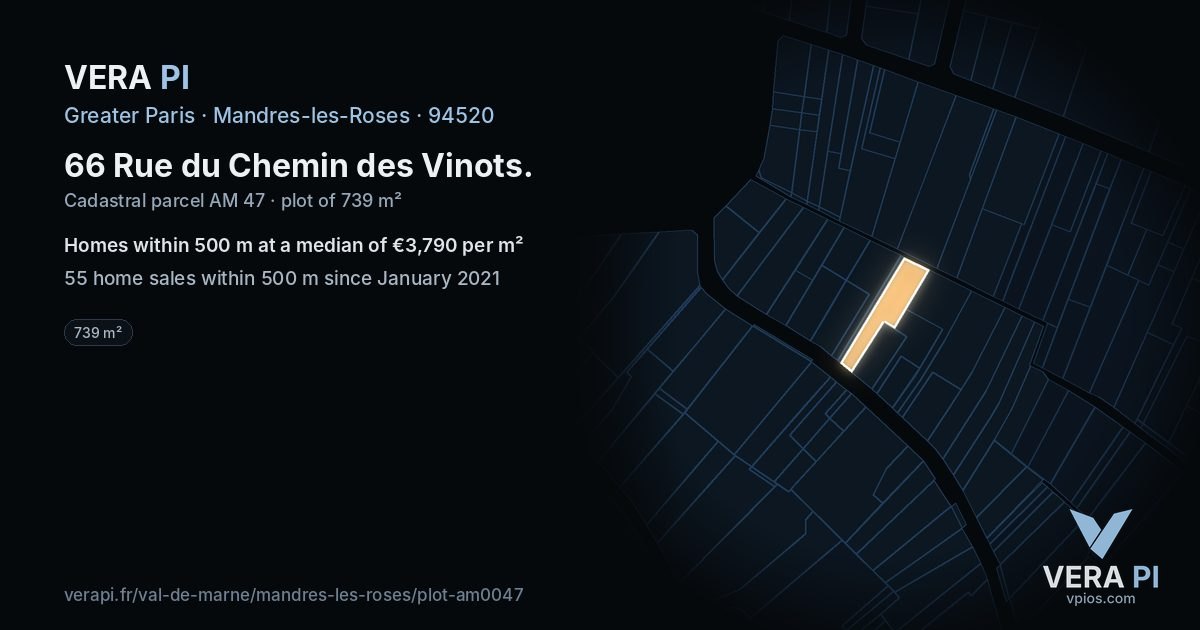 66 Rue du Chemin des Vinots, Mandres-les-Roses at night – the plot lit, the parcels around coloured by the prices near them