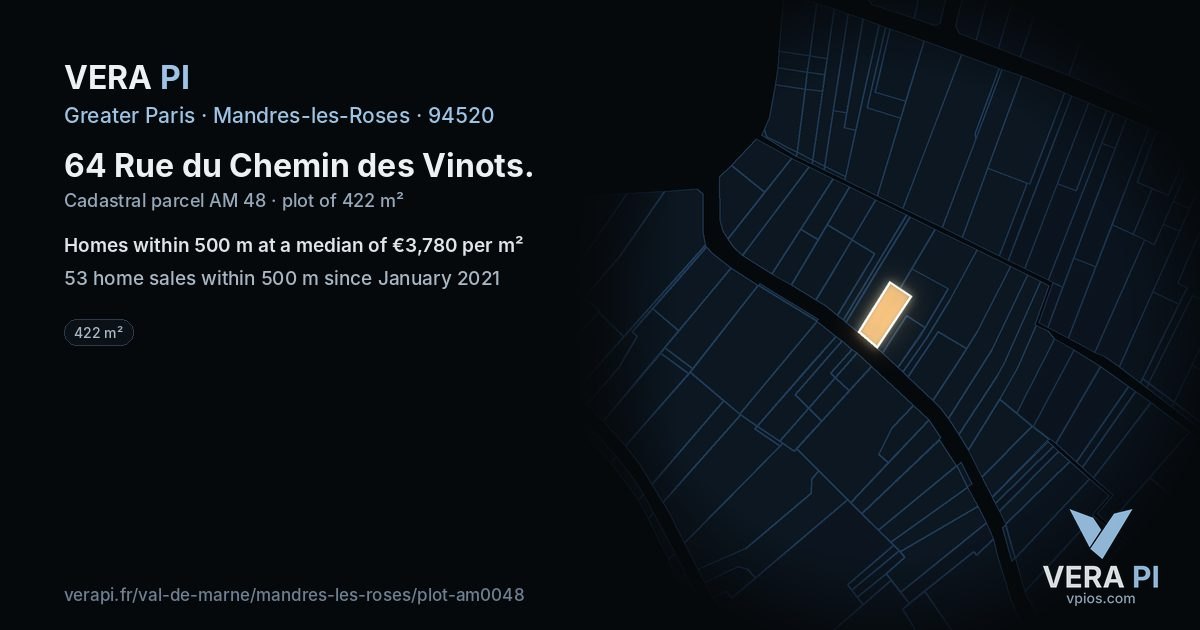 64 Rue du Chemin des Vinots, Mandres-les-Roses at night – the plot lit, the parcels around coloured by the prices near them