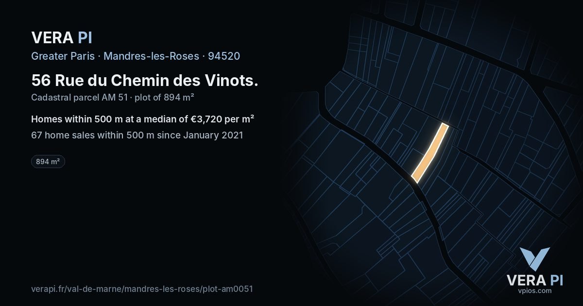 56 Rue du Chemin des Vinots, Mandres-les-Roses at night – the plot lit, the parcels around coloured by the prices near them