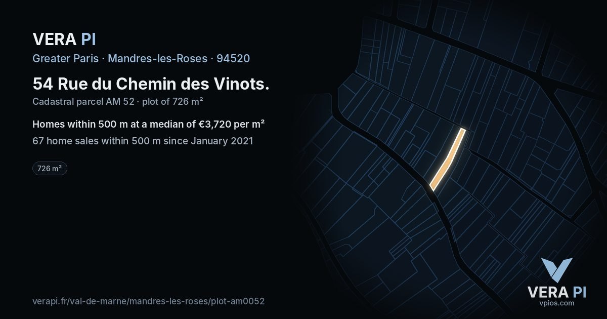 54 Rue du Chemin des Vinots, Mandres-les-Roses at night – the plot lit, the parcels around coloured by the prices near them
