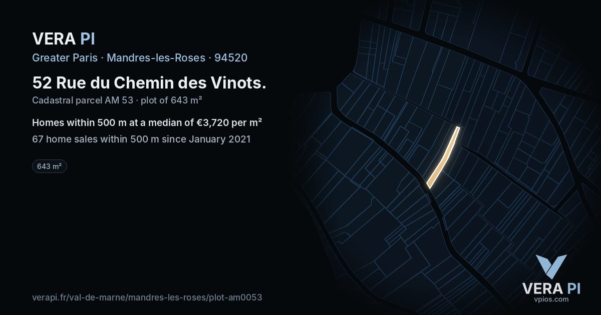 52 Rue du Chemin des Vinots, Mandres-les-Roses at night – the plot lit, the parcels around coloured by the prices near them