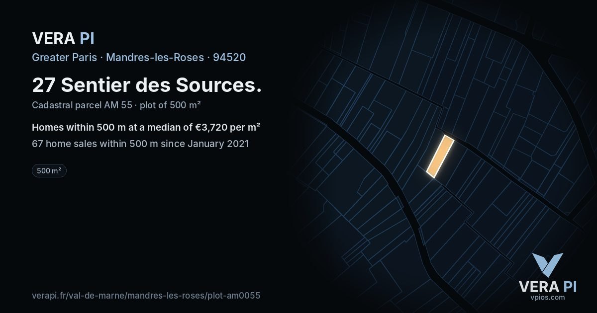 27 Sentier des Sources, Mandres-les-Roses at night – the plot lit, the parcels around coloured by the prices near them
