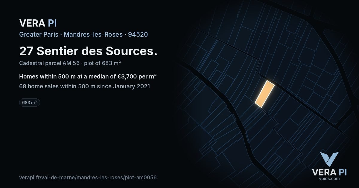 27 Sentier des Sources, Mandres-les-Roses at night – the plot lit, the parcels around coloured by the prices near them