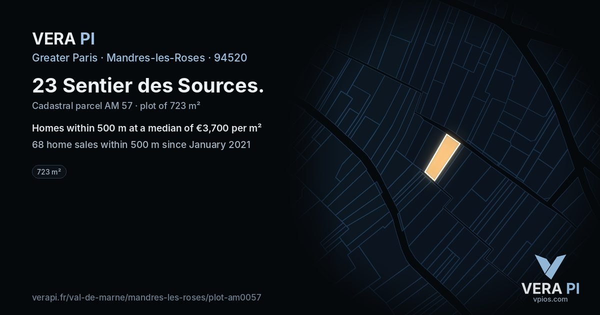 23 Sentier des Sources, Mandres-les-Roses at night – the plot lit, the parcels around coloured by the prices near them