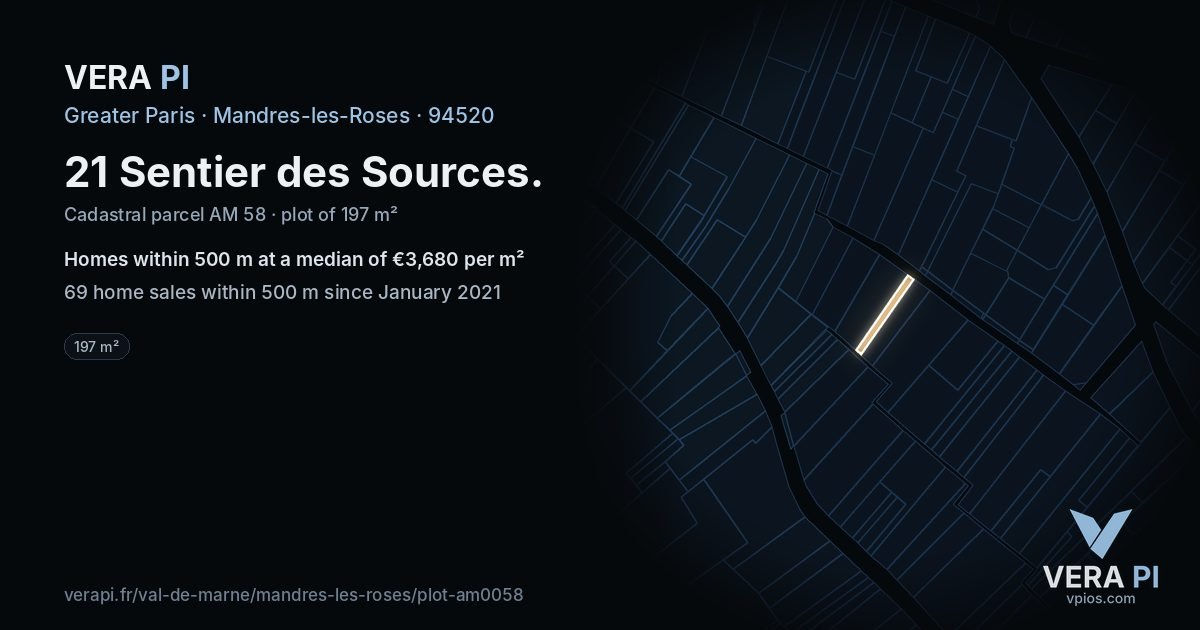 21 Sentier des Sources, Mandres-les-Roses at night – the plot lit, the parcels around coloured by the prices near them