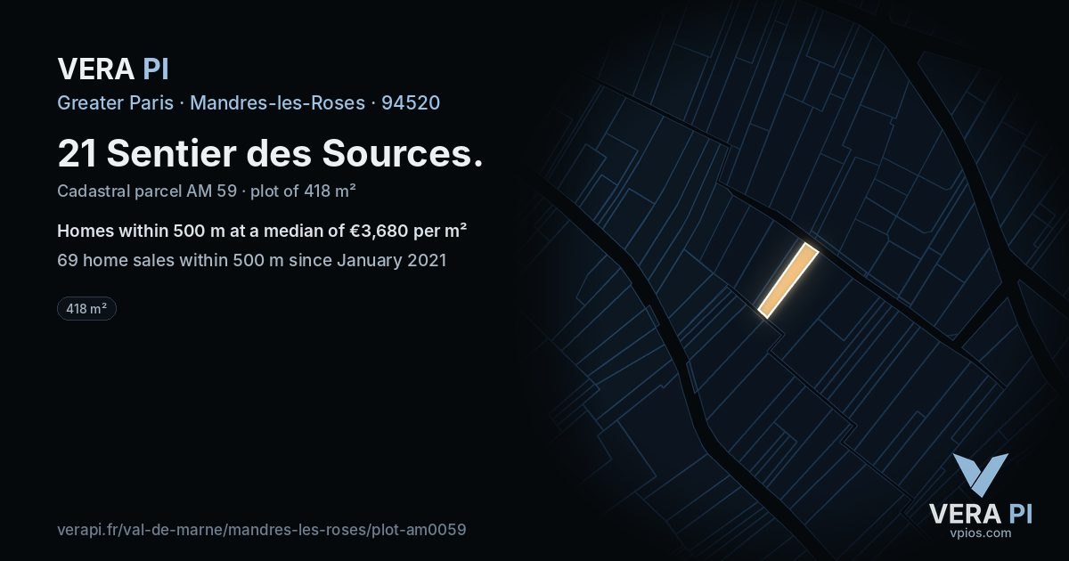 21 Sentier des Sources, Mandres-les-Roses at night – the plot lit, the parcels around coloured by the prices near them