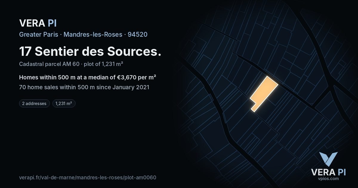 17 Sentier des Sources, Mandres-les-Roses at night – the plot lit, the parcels around coloured by the prices near them
