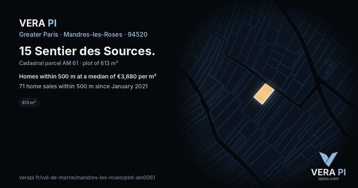 15 Sentier des Sources, Mandres-les-Roses at night – the plot lit, the parcels around coloured by the prices near them
