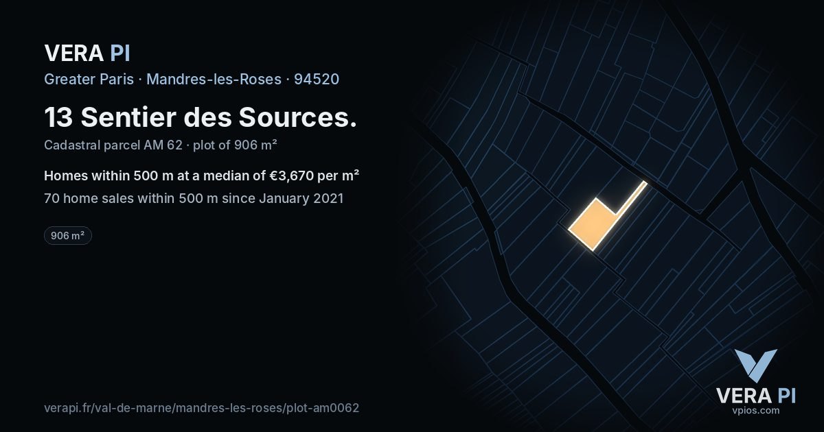 13 Sentier des Sources, Mandres-les-Roses at night – the plot lit, the parcels around coloured by the prices near them
