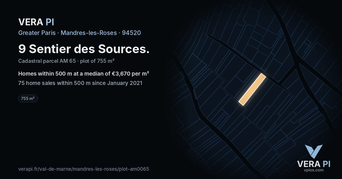9 Sentier des Sources, Mandres-les-Roses at night – the plot lit, the parcels around coloured by the prices near them