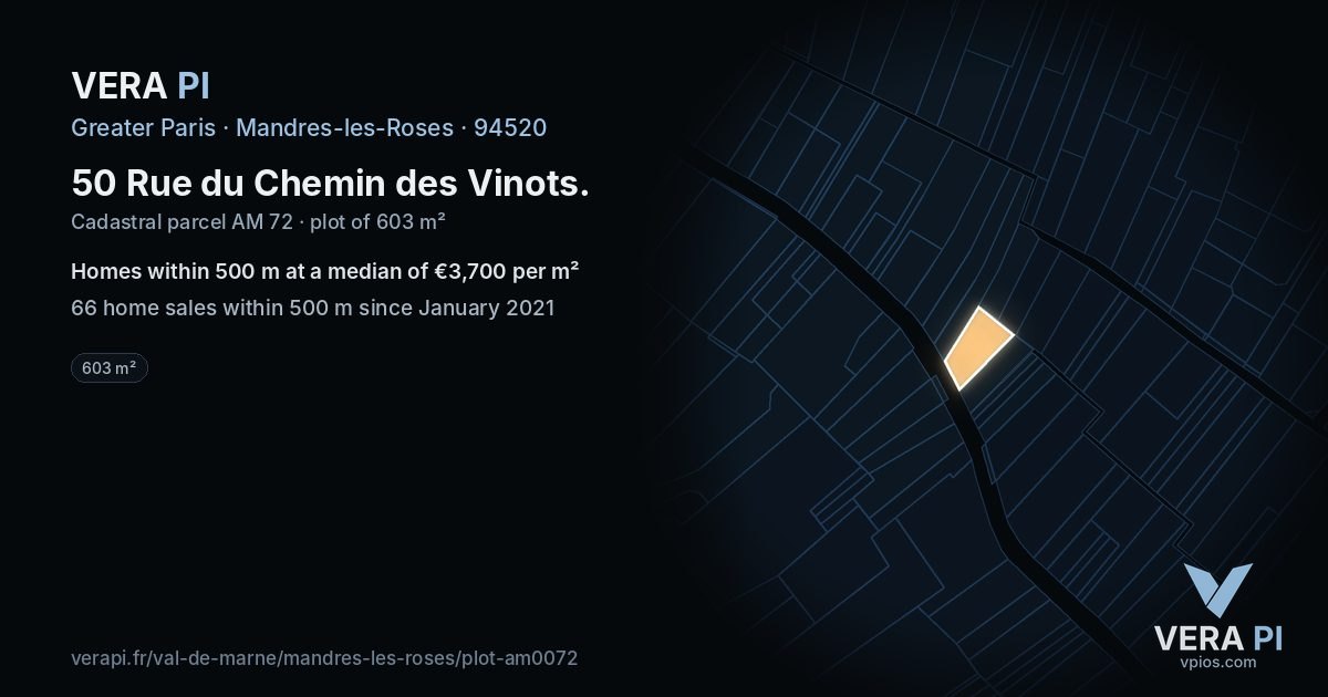 50 Rue du Chemin des Vinots, Mandres-les-Roses at night – the plot lit, the parcels around coloured by the prices near them
