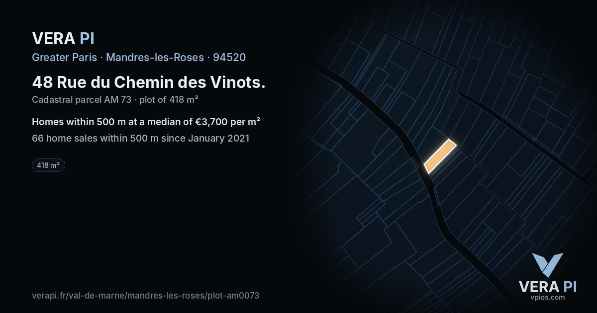 48 Rue du Chemin des Vinots, Mandres-les-Roses at night – the plot lit, the parcels around coloured by the prices near them