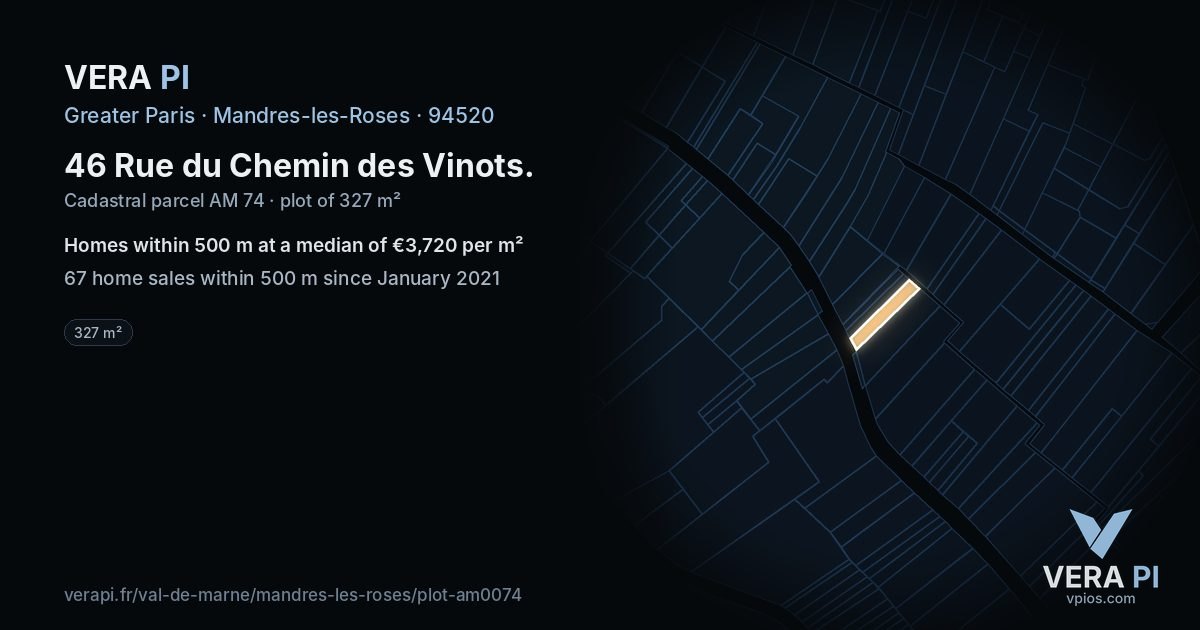 46 Rue du Chemin des Vinots, Mandres-les-Roses at night – the plot lit, the parcels around coloured by the prices near them