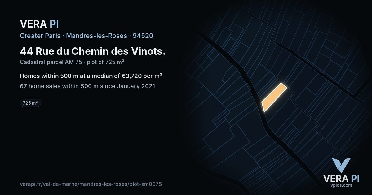 44 Rue du Chemin des Vinots, Mandres-les-Roses at night – the plot lit, the parcels around coloured by the prices near them