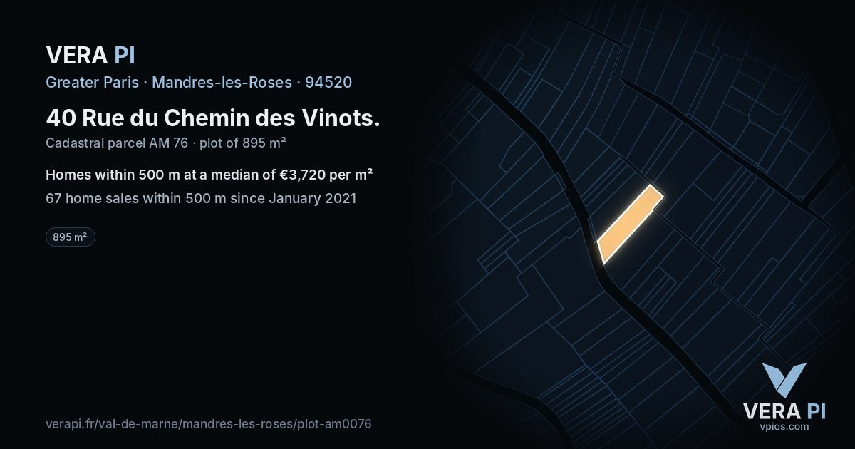 40 Rue du Chemin des Vinots, Mandres-les-Roses at night – the plot lit, the parcels around coloured by the prices near them