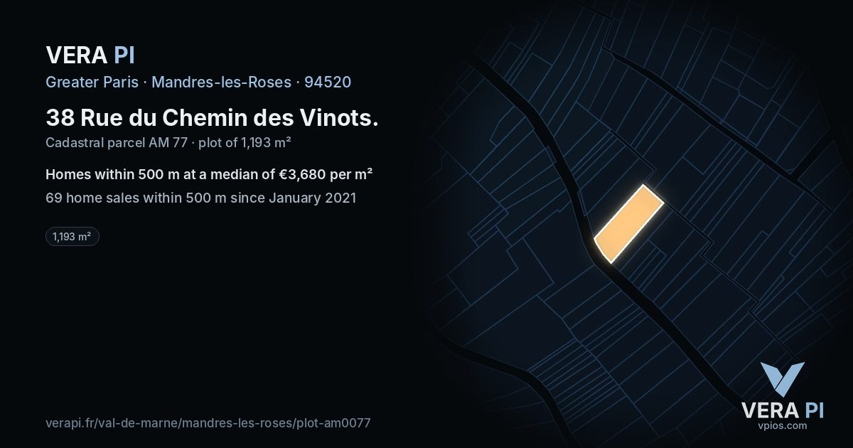 38 Rue du Chemin des Vinots, Mandres-les-Roses at night – the plot lit, the parcels around coloured by the prices near them