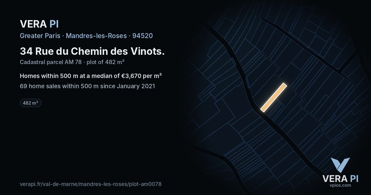 34 Rue du Chemin des Vinots, Mandres-les-Roses at night – the plot lit, the parcels around coloured by the prices near them