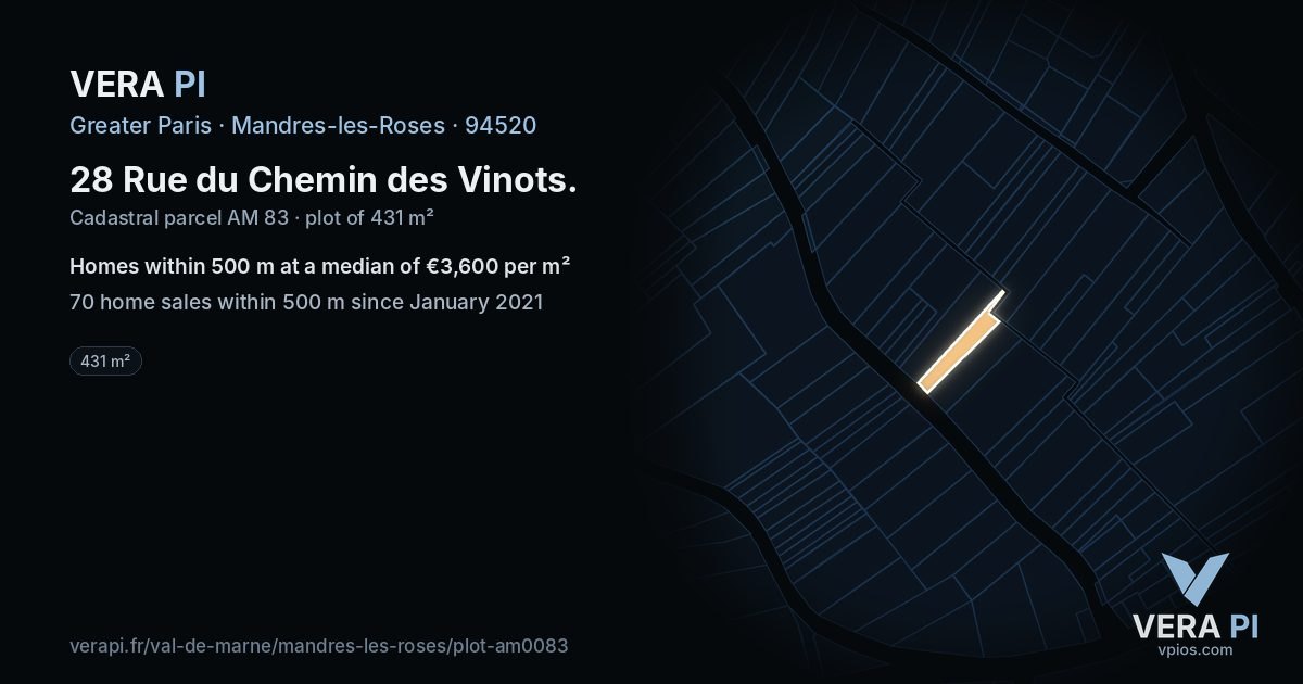 28 Rue du Chemin des Vinots, Mandres-les-Roses at night – the plot lit, the parcels around coloured by the prices near them