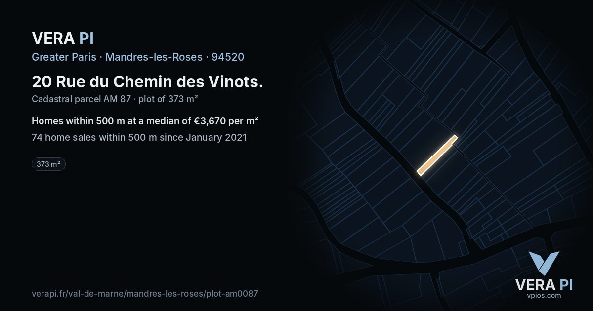 20 Rue du Chemin des Vinots, Mandres-les-Roses at night – the plot lit, the parcels around coloured by the prices near them