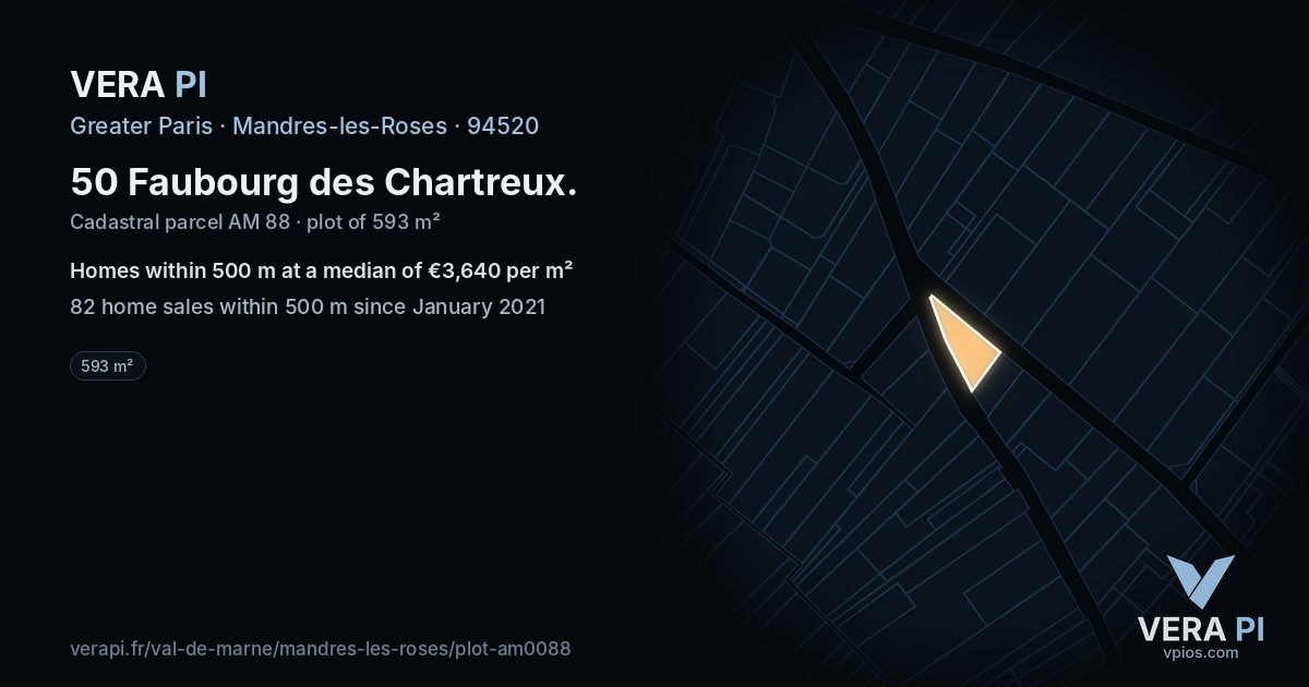 50 Faubourg des Chartreux, Mandres-les-Roses at night – the plot lit, the parcels around coloured by the prices near them