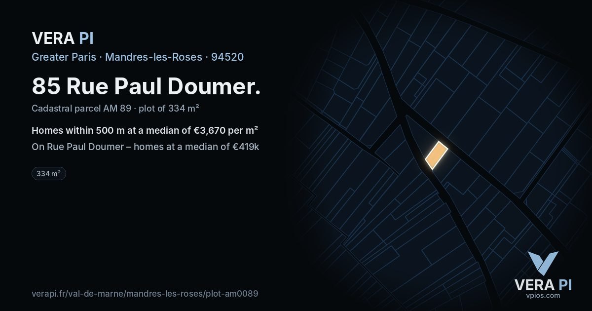 85 Rue Paul Doumer, Mandres-les-Roses at night – the plot lit, the parcels around coloured by the prices near them