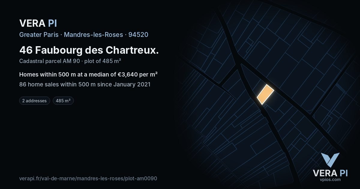 46 Faubourg des Chartreux, Mandres-les-Roses at night – the plot lit, the parcels around coloured by the prices near them