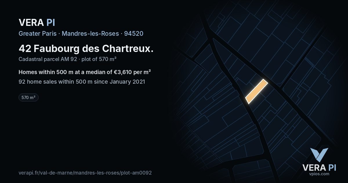 42 Faubourg des Chartreux, Mandres-les-Roses at night – the plot lit, the parcels around coloured by the prices near them