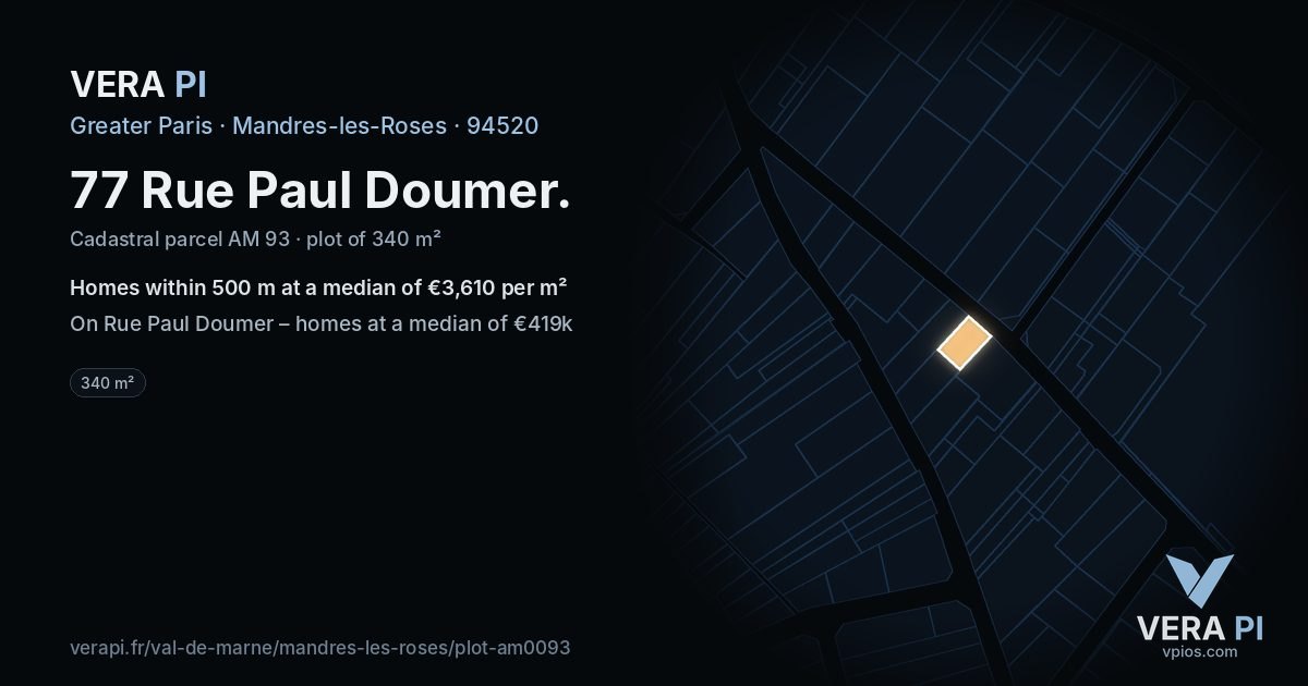 77 Rue Paul Doumer, Mandres-les-Roses at night – the plot lit, the parcels around coloured by the prices near them
