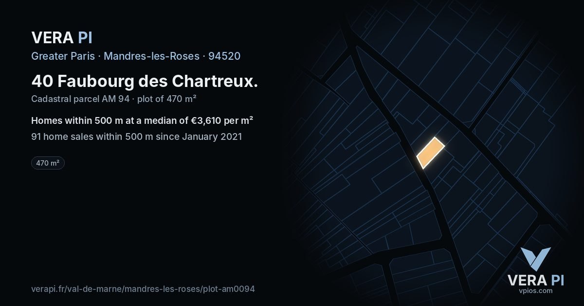 40 Faubourg des Chartreux, Mandres-les-Roses at night – the plot lit, the parcels around coloured by the prices near them
