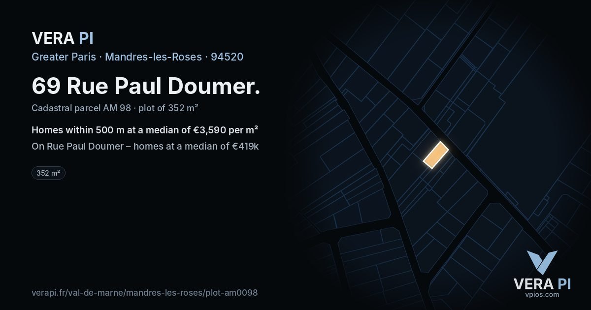 69 Rue Paul Doumer, Mandres-les-Roses at night – the plot lit, the parcels around coloured by the prices near them