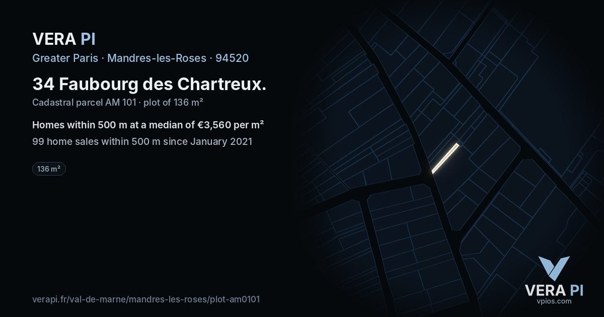 34 Faubourg des Chartreux, Mandres-les-Roses at night – the plot lit, the parcels around coloured by the prices near them
