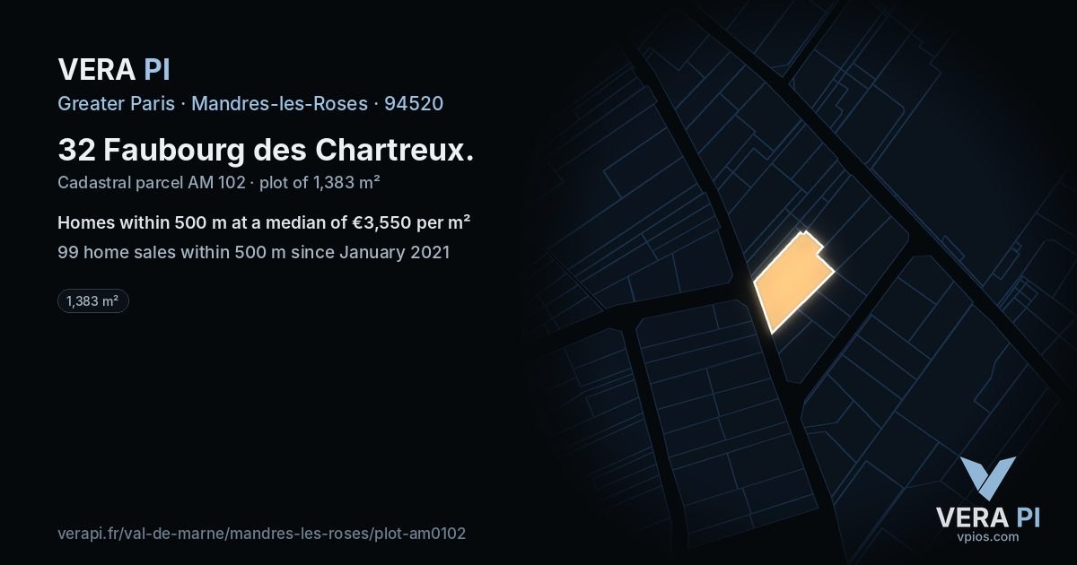 32 Faubourg des Chartreux, Mandres-les-Roses at night – the plot lit, the parcels around coloured by the prices near them