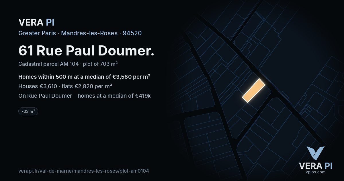 61 Rue Paul Doumer, Mandres-les-Roses at night – the plot lit, the parcels around coloured by the prices near them
