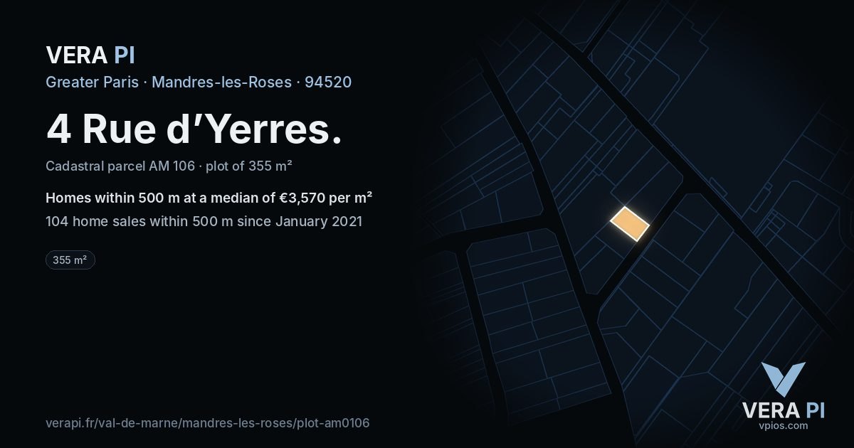 4 Rue d’Yerres, Mandres-les-Roses at night – the plot lit, the parcels around coloured by the prices near them