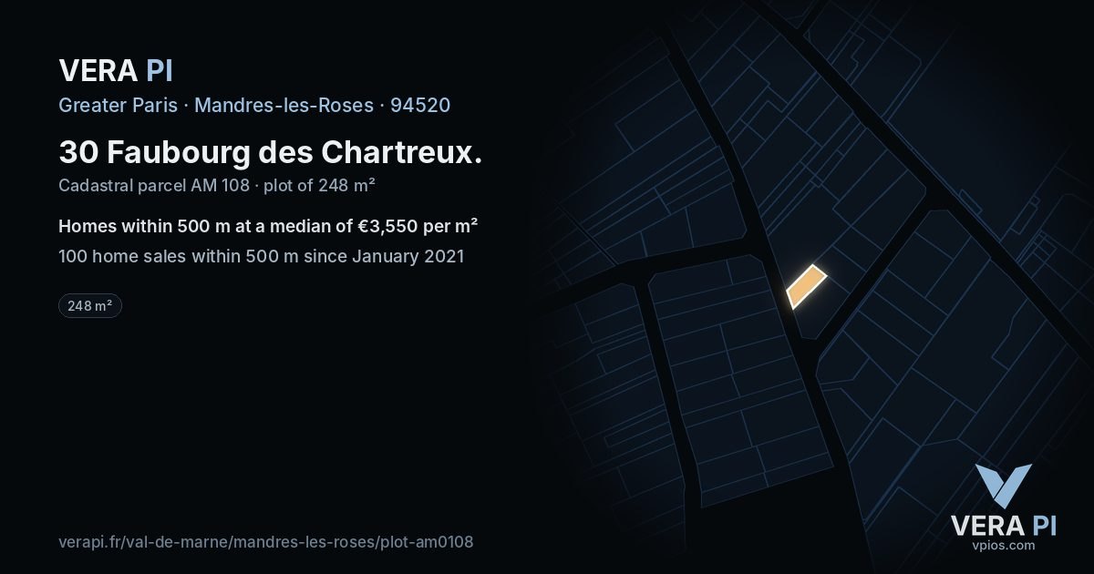30 Faubourg des Chartreux, Mandres-les-Roses at night – the plot lit, the parcels around coloured by the prices near them