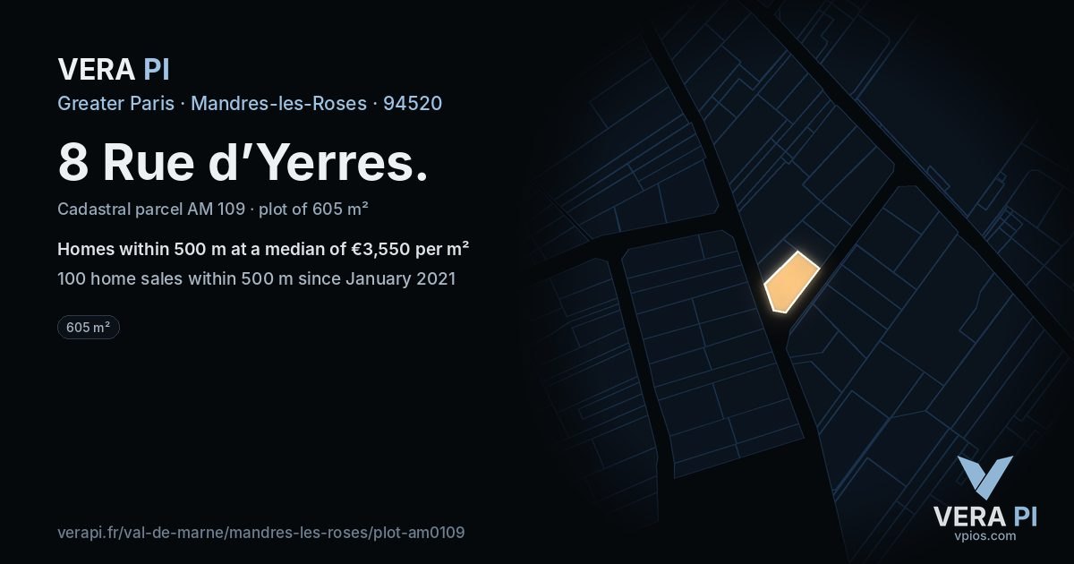 8 Rue d’Yerres, Mandres-les-Roses at night – the plot lit, the parcels around coloured by the prices near them