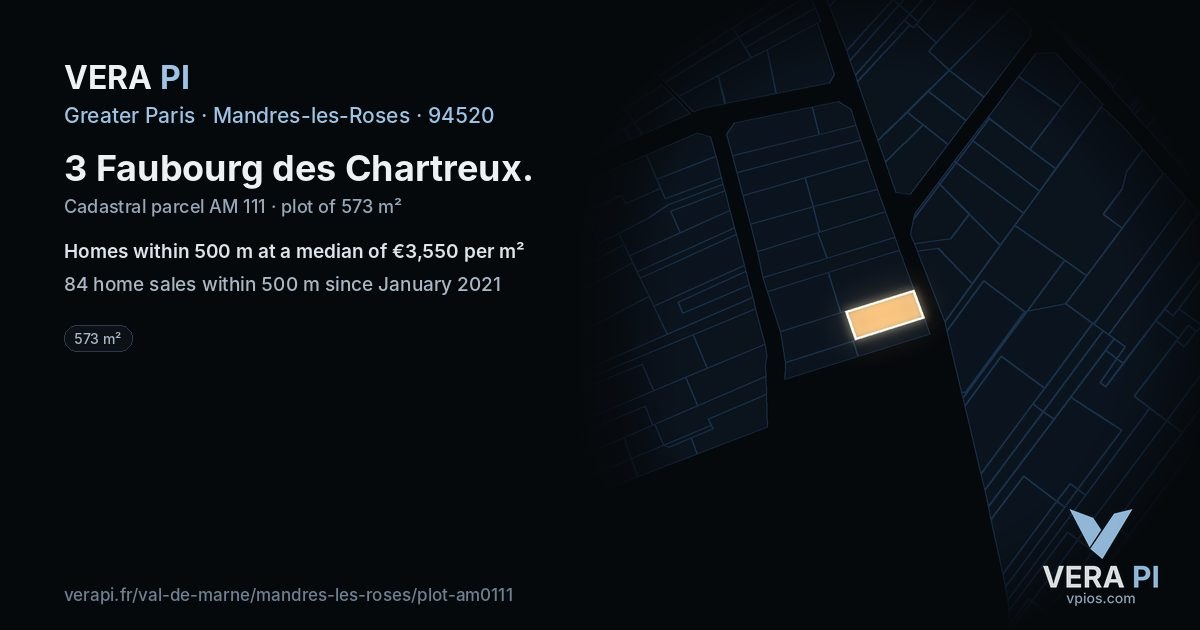3 Faubourg des Chartreux, Mandres-les-Roses at night – the plot lit, the parcels around coloured by the prices near them