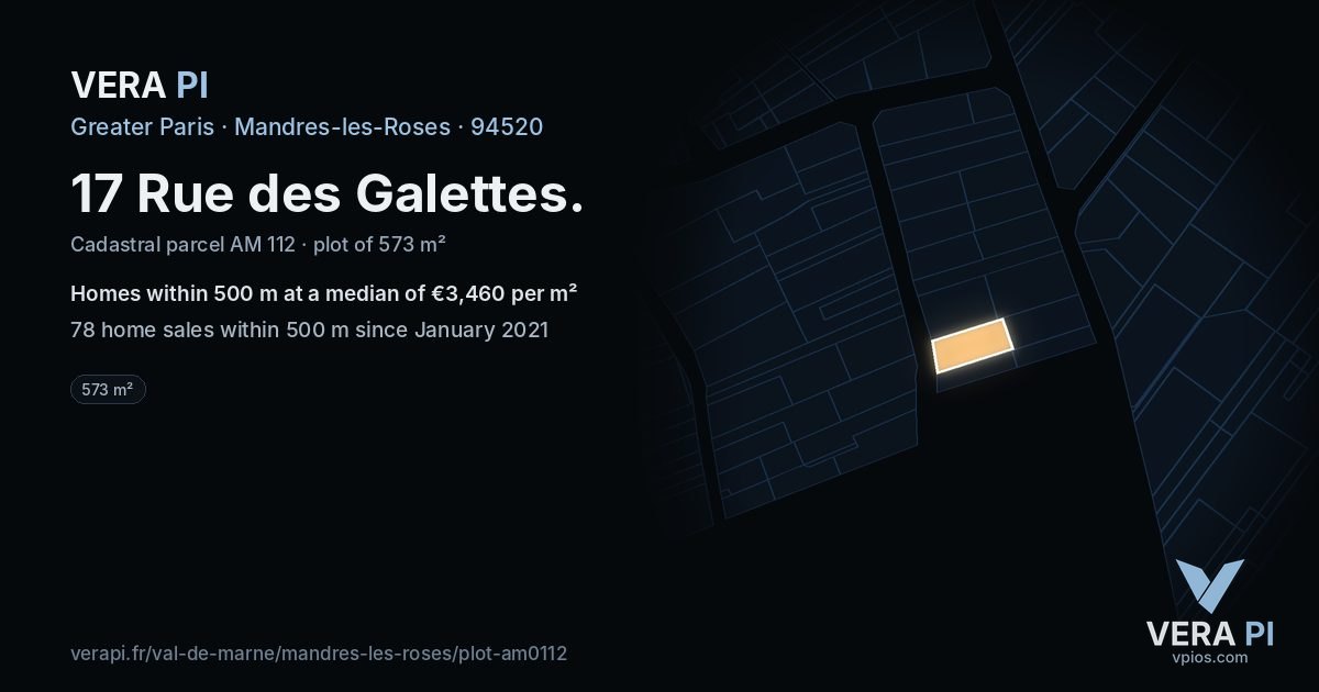 17 Rue des Galettes, Mandres-les-Roses at night – the plot lit, the parcels around coloured by the prices near them
