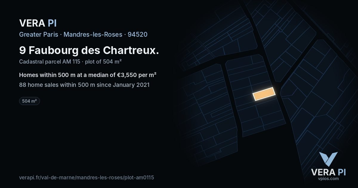 9 Faubourg des Chartreux, Mandres-les-Roses at night – the plot lit, the parcels around coloured by the prices near them