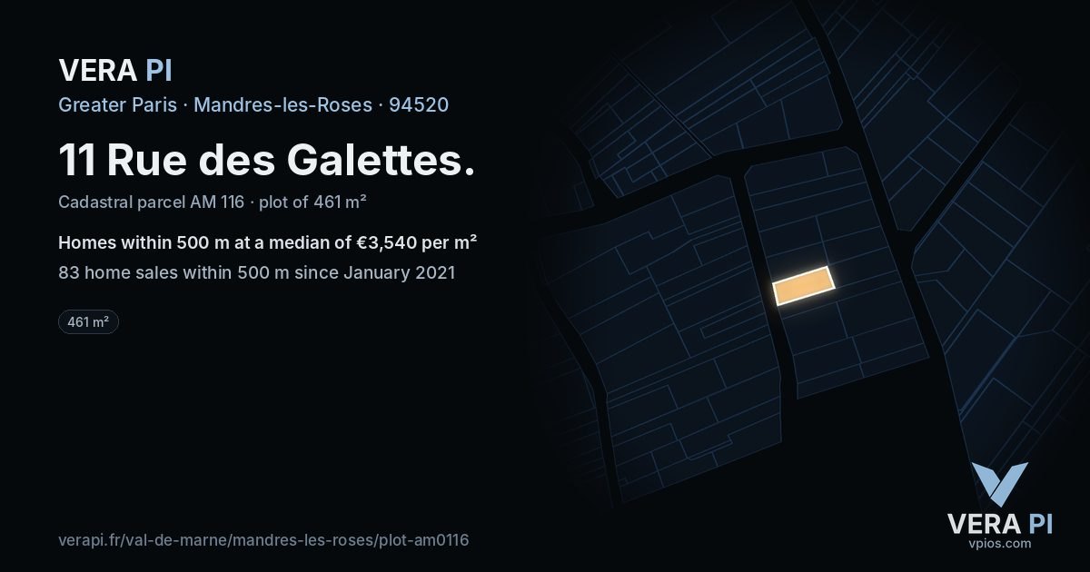 11 Rue des Galettes, Mandres-les-Roses at night – the plot lit, the parcels around coloured by the prices near them