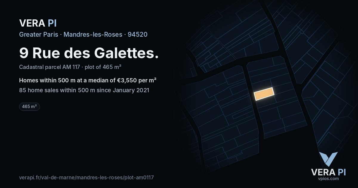 9 Rue des Galettes, Mandres-les-Roses at night – the plot lit, the parcels around coloured by the prices near them