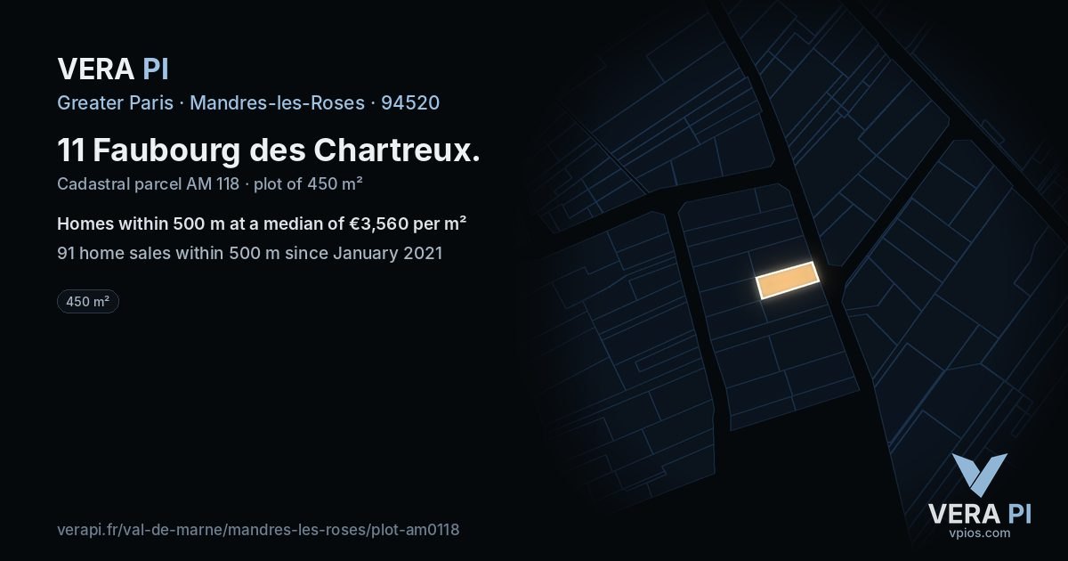 11 Faubourg des Chartreux, Mandres-les-Roses at night – the plot lit, the parcels around coloured by the prices near them