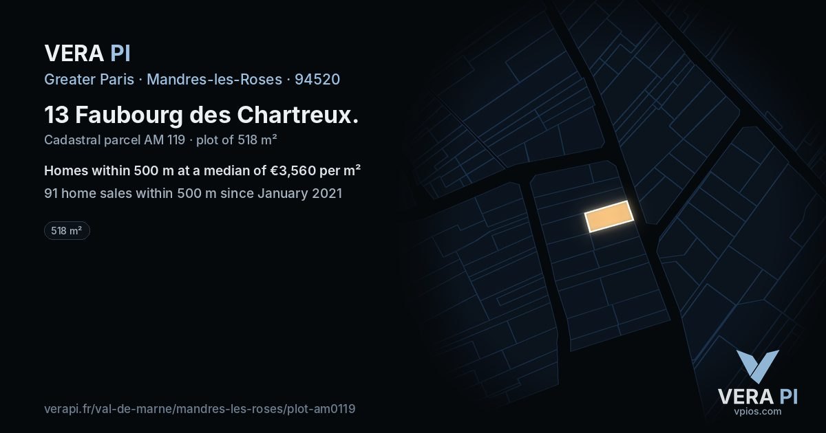13 Faubourg des Chartreux, Mandres-les-Roses at night – the plot lit, the parcels around coloured by the prices near them