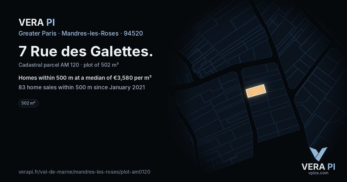 7 Rue des Galettes, Mandres-les-Roses at night – the plot lit, the parcels around coloured by the prices near them