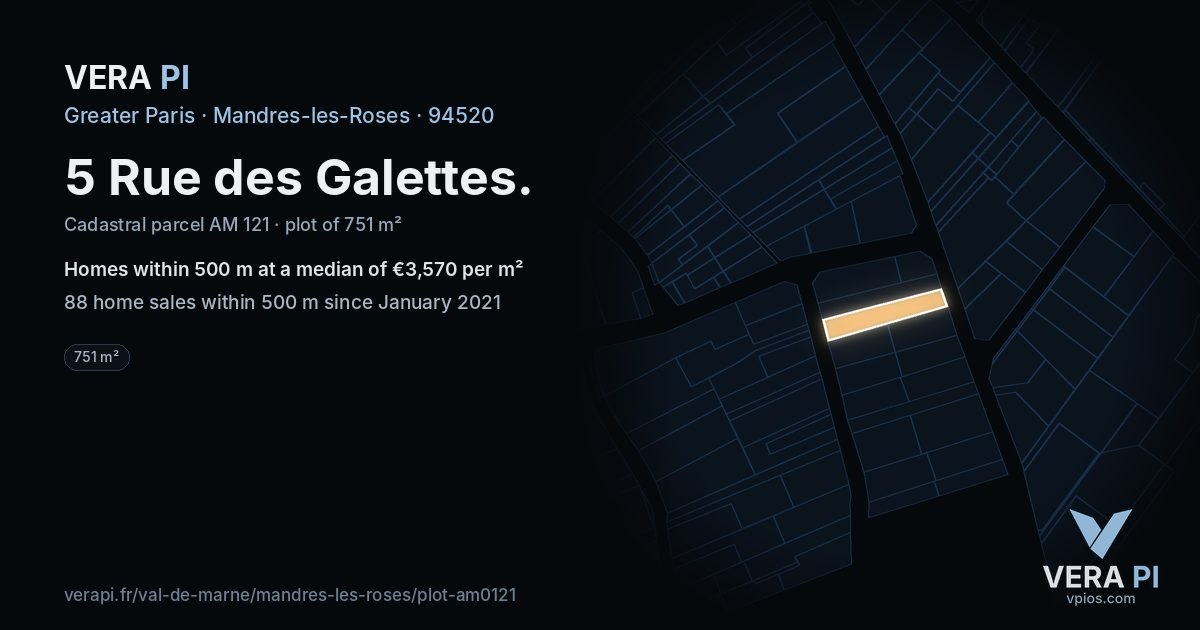5 Rue des Galettes, Mandres-les-Roses at night – the plot lit, the parcels around coloured by the prices near them
